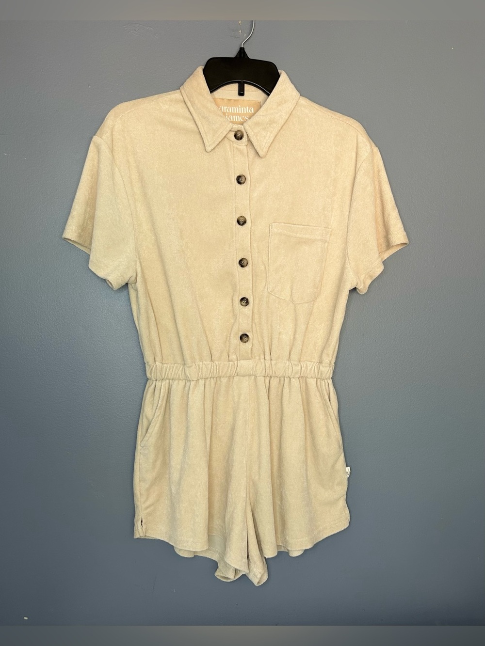 Araminta James Romper Womens S Beige Terry Collared Button Front Preppy Tennis